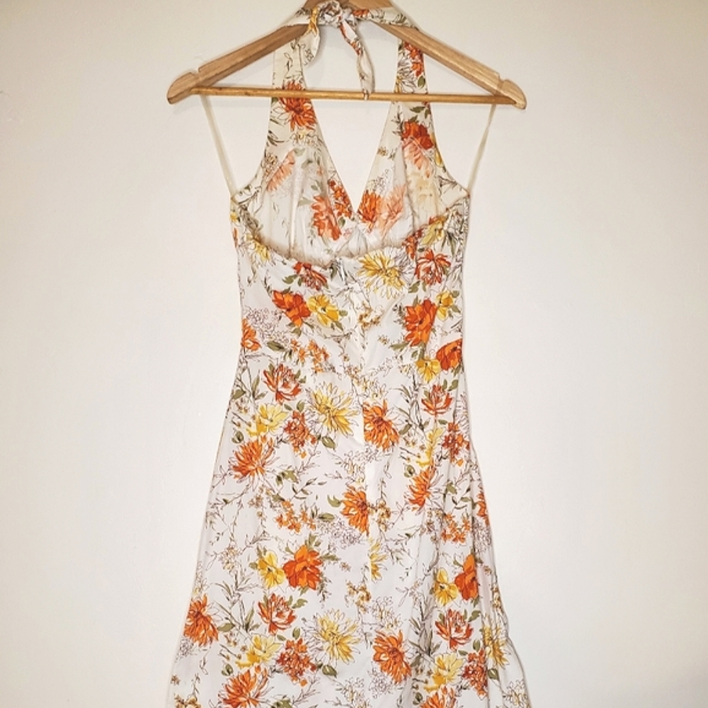Springtime Song Orange, Green, Yellow and White Floral Print Halter Dress - Picture 4 of 16